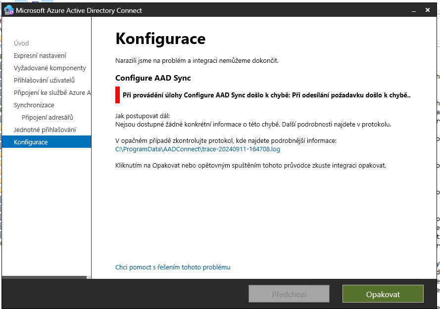 Při provádění úlohy Configure AAD Sync došlo k chybě