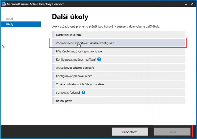Microsoft Entra Connect - aktuální konfigurace
