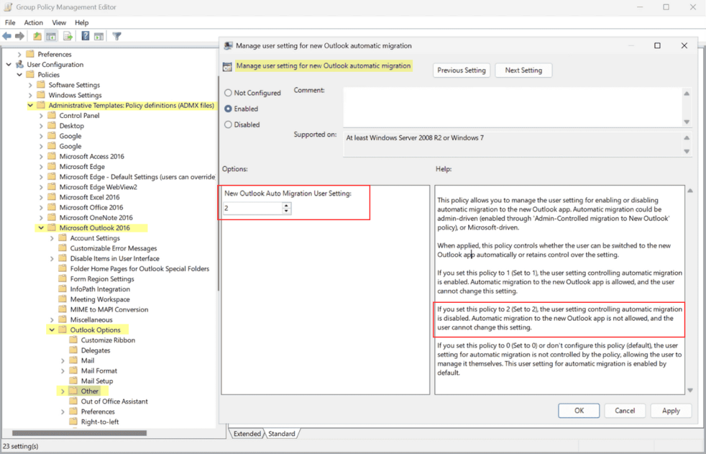 Manage user settings for new Outlook automatic migration