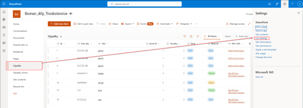 Sharepoint seznam - nastavení