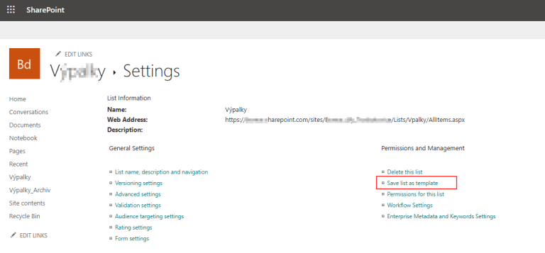 Sharepoint seznam - nastavení - Uložit jako šablonu