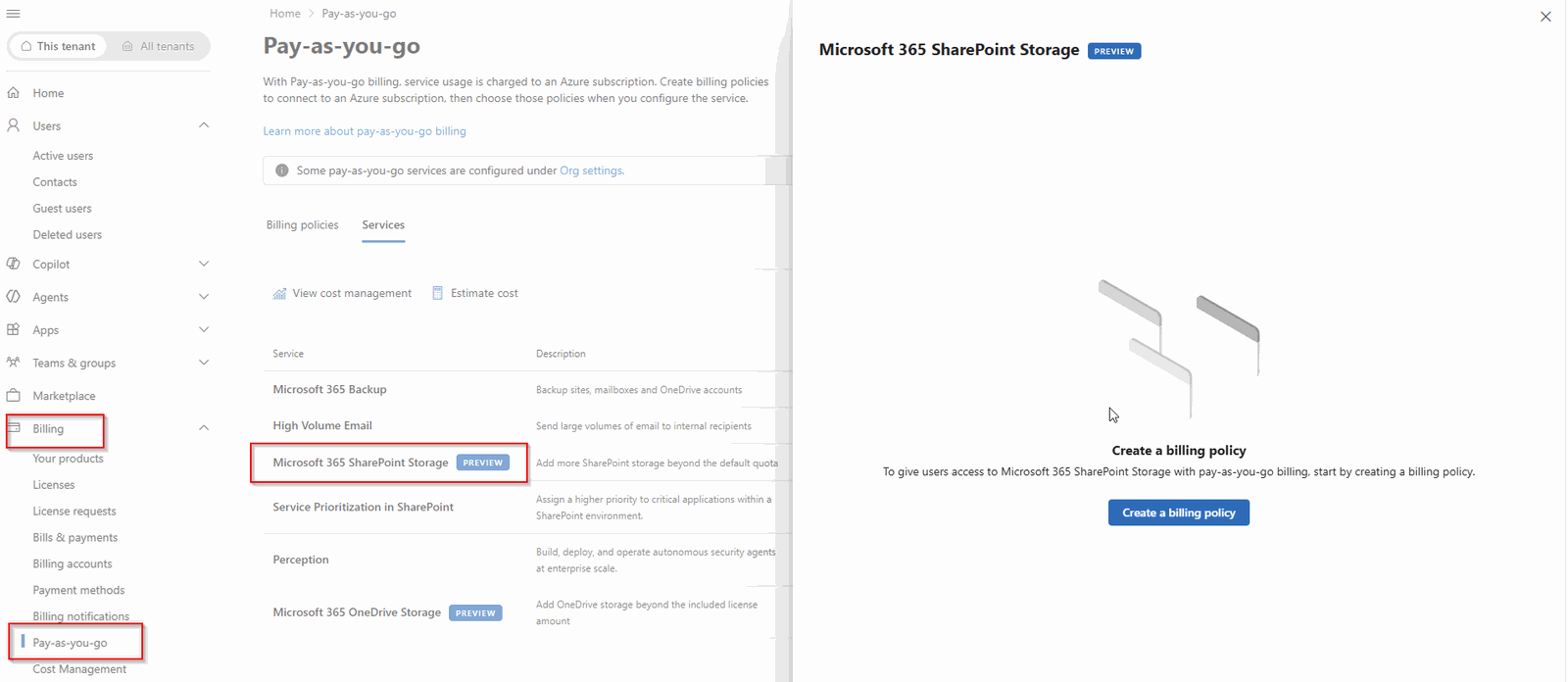 Nastavení Microsoft 365 SharePoint Storage v části Billing > Pay-as-you-go