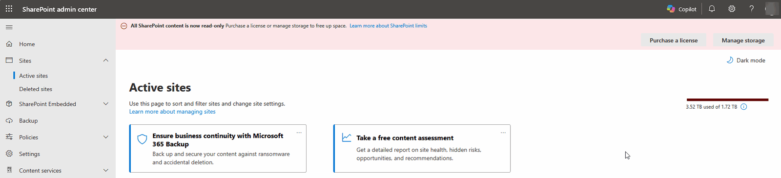 SharePoint admin center: obsah jen pro čtení při využití 3,52 TB z kvóty 1,72 TB